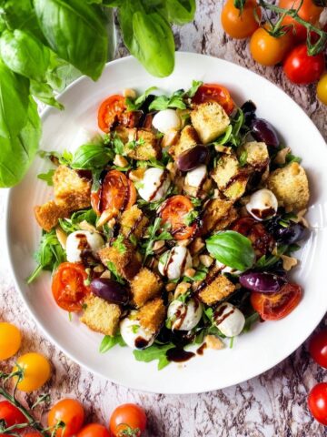 Stale Bread Salad with Roasted Tomatoes, Pesto, and Mozzarella Recipe