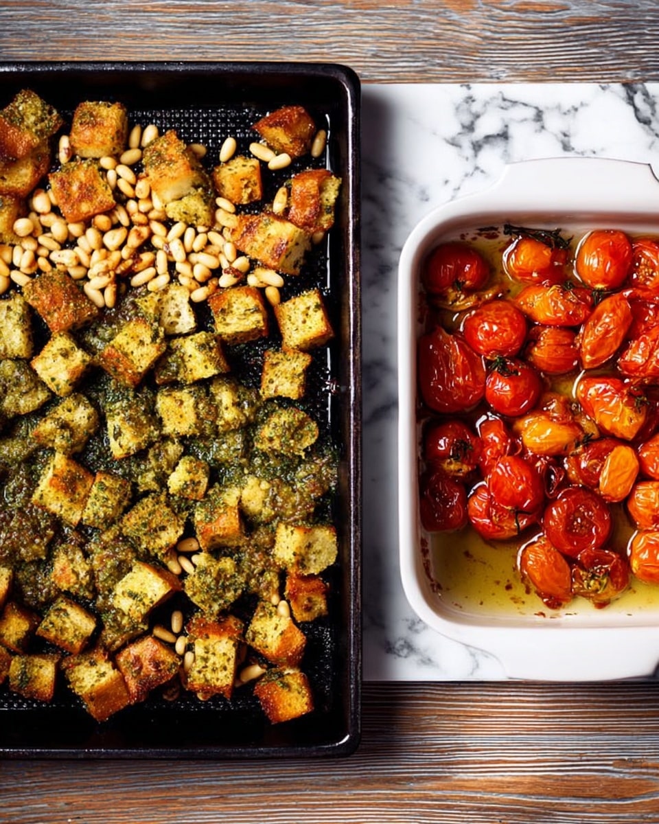 The image shows two main parts on a white marbled surface: on the left side, there is a black tray with toasted pine nuts arranged neatly on the top and a layer of cubed bread pieces coated in green herb mix filling the bottom two-thirds; on the right side, there is a small white dish filled with roasted cherry tomatoes in red and orange shades, with some juices and a bit of browning on the edges of the dish. The textures show crunchiness from the toasted items and softness from the cooked tomatoes. photo taken with an iphone --ar 4:5 --v 7
