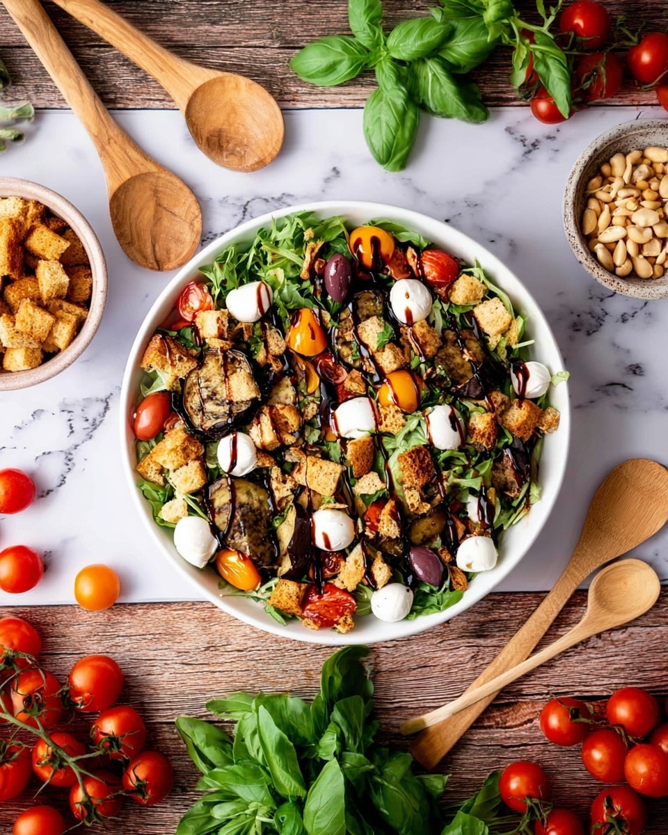 A white round plate filled with a mixed salad showing three main layers: the bottom layer with green leafy arugula and basil leaves, the middle layer with grilled eggplant slices and roasted cherry tomatoes in bright red and orange, and the top layer with toasted brown croutons scattered all over. Small white mozzarella balls are spread evenly across the salad, along with dark purple olives and sprinkled pine nuts adding texture. The salad is drizzled with a dark balsamic glaze. The plate sits on a white marbled surface, surrounded by wooden salad spoons, a small bowl of croutons, a bowl of pine nuts, fresh cherry tomatoes on the vine, and fresh green basil leaves. Photo taken with an iphone --ar 4:5 --v 7