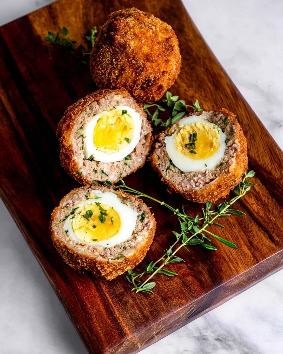 Three whole and three cut Scotch eggs are placed on a dark wooden board with small green herb sprigs at the corners. Each Scotch egg has an outer crispy golden brown fried layer, a middle layer of mixed ground meat showing light brown and specks of green herbs, and a center layer of a hard-boiled egg with a white outer part and bright yellow yolk. The background is a white marbled texture. Photo taken with an iphone --ar 4:5 --v 7
