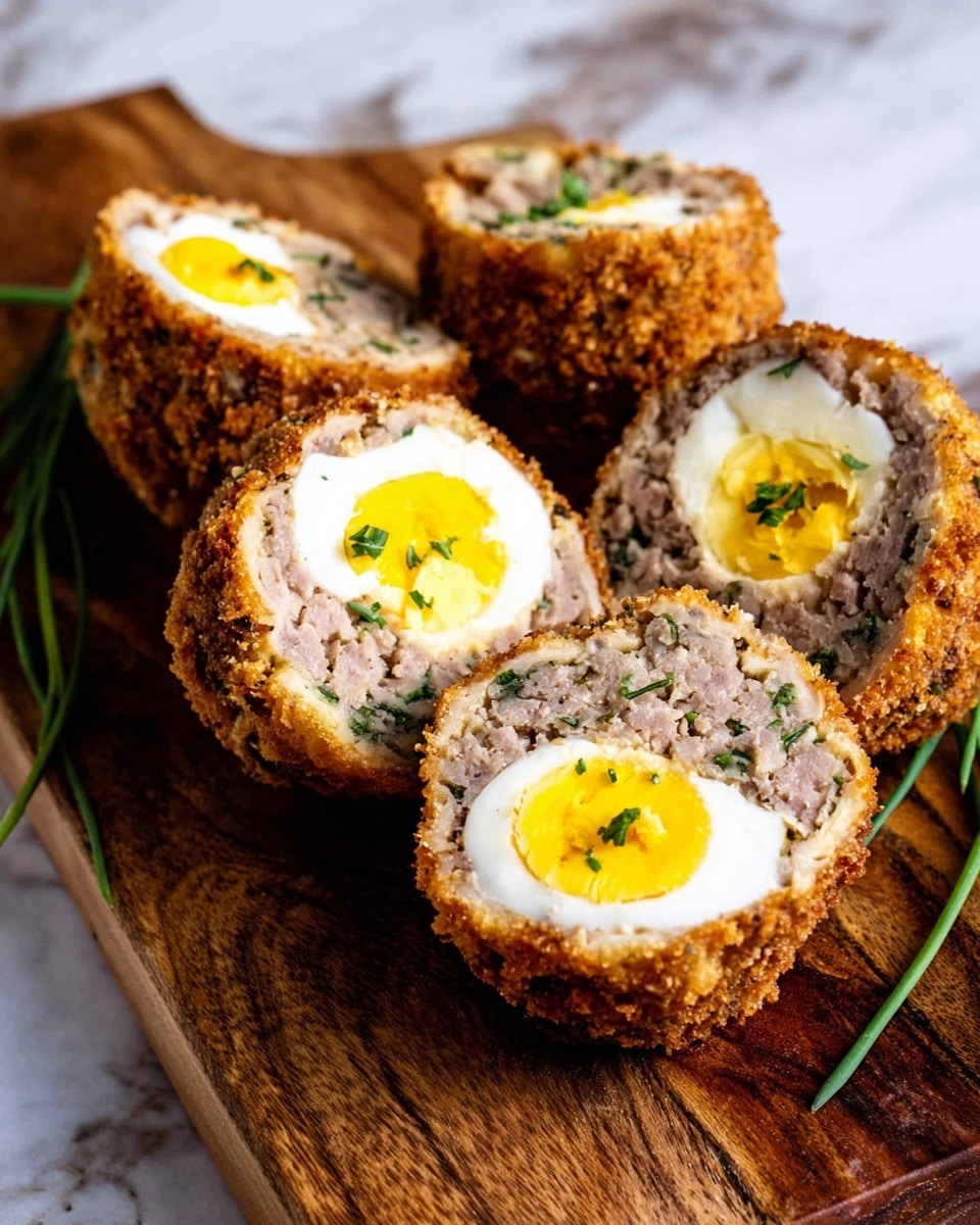 The image shows several halved Scotch eggs arranged on a wooden board, each cut to reveal three main layers. The center is a smooth, solid boiled egg with a bright yellow yolk and white surrounding it. Around the egg is a thick layer of finely textured light brown meat, mixed with small herbs that add green flecks. The outside layer is a golden brown, crispy breadcrumb coating with a rough texture. Small green herb sprigs are placed on top for decoration. The board is placed on a white marbled surface. photo taken with an iphone --ar 4:5 --v 7