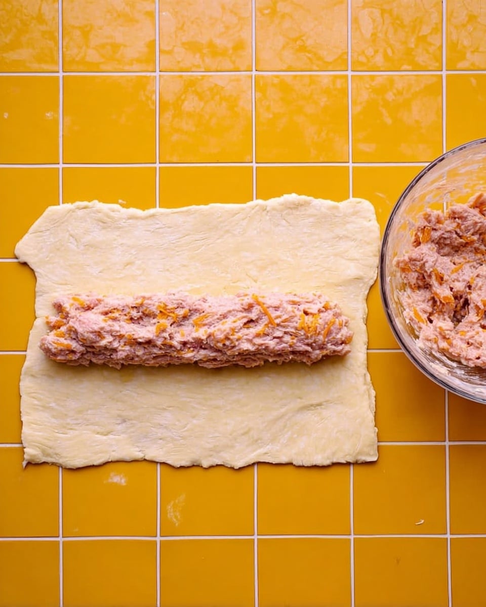 A rectangular piece of light beige dough is laid out on a yellow tiled surface, with a long strip of a pinkish mixture placed in the middle, showing small bits of orange mixed in. To the right of the dough, there is a clear glass bowl holding more of the same pinkish mixture with orange bits. The white marbled texture replaces the surface in the background. photo taken with an iphone --ar 4:5 --v 7