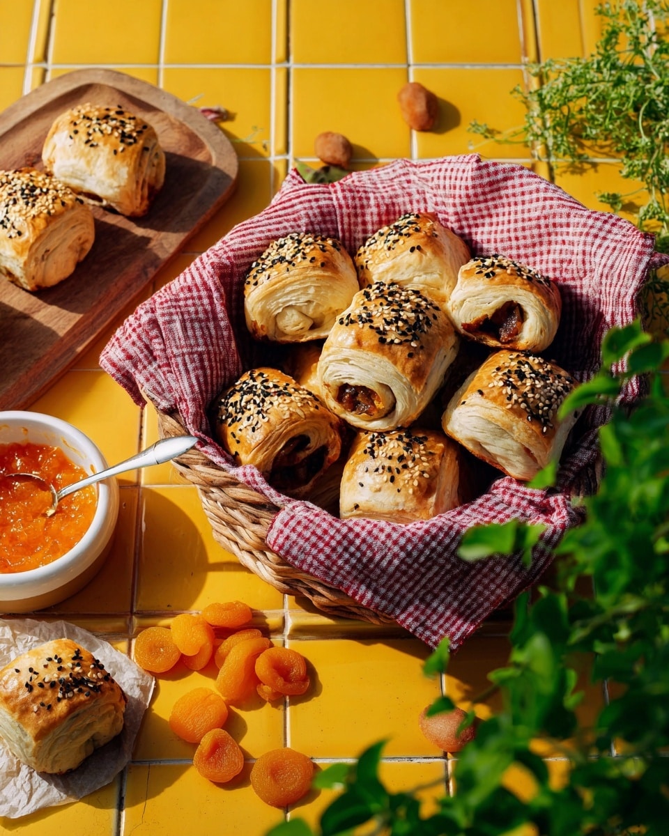 The image shows a basket lined with a red and white checkered cloth, filled with small golden-brown pastry rolls topped with black sesame seeds, each containing a visible cooked filling inside. Around the basket, there is a white bowl with orange-colored jam and a spoon resting in it on a yellow tile surface, along with scattered dried apricot pieces. A wooden board on the left side also holds a few pastry rolls. On the right, a green leafy plant adds a fresh touch. The background is a yellow tiled surface. photo taken with an iphone --ar 4:5 --v 7