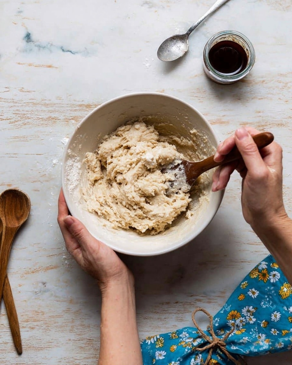 A woman's two hands are holding a white bowl containing thick, pale beige dough with a rough texture; one hand steadies the bowl while the other stirs with a wooden spoon. The bowl is placed on a white marbled surface. To the upper right of the bowl is a small dark jar with a partially open lid and a silver spoon beside it. Below the bowl on the left side, there are two wooden spoons lying flat. On the right side near the bottom edge, there's a folded blue cloth with white and yellow flower patterns tied with a brown string. Photo taken with an iphone --ar 4:5 --v 7
