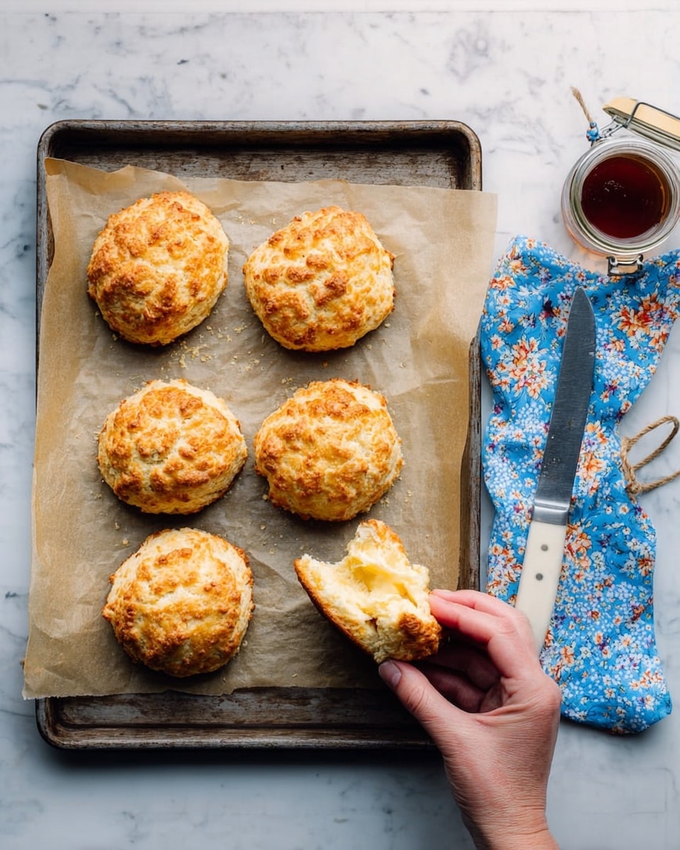 The image shows six golden-brown biscuits with a rough, crumbly texture on a baking tray lined with parchment paper. One biscuit is being held by a woman's hand, showing its soft, flaky inside layers. To the right, there is a small jar with a spoon inside, and beside it, a white knife rests on a blue floral cloth napkin tied with string. The tray and items are placed on a white marbled surface. photo taken with an iphone --ar 4:5 --v 7
