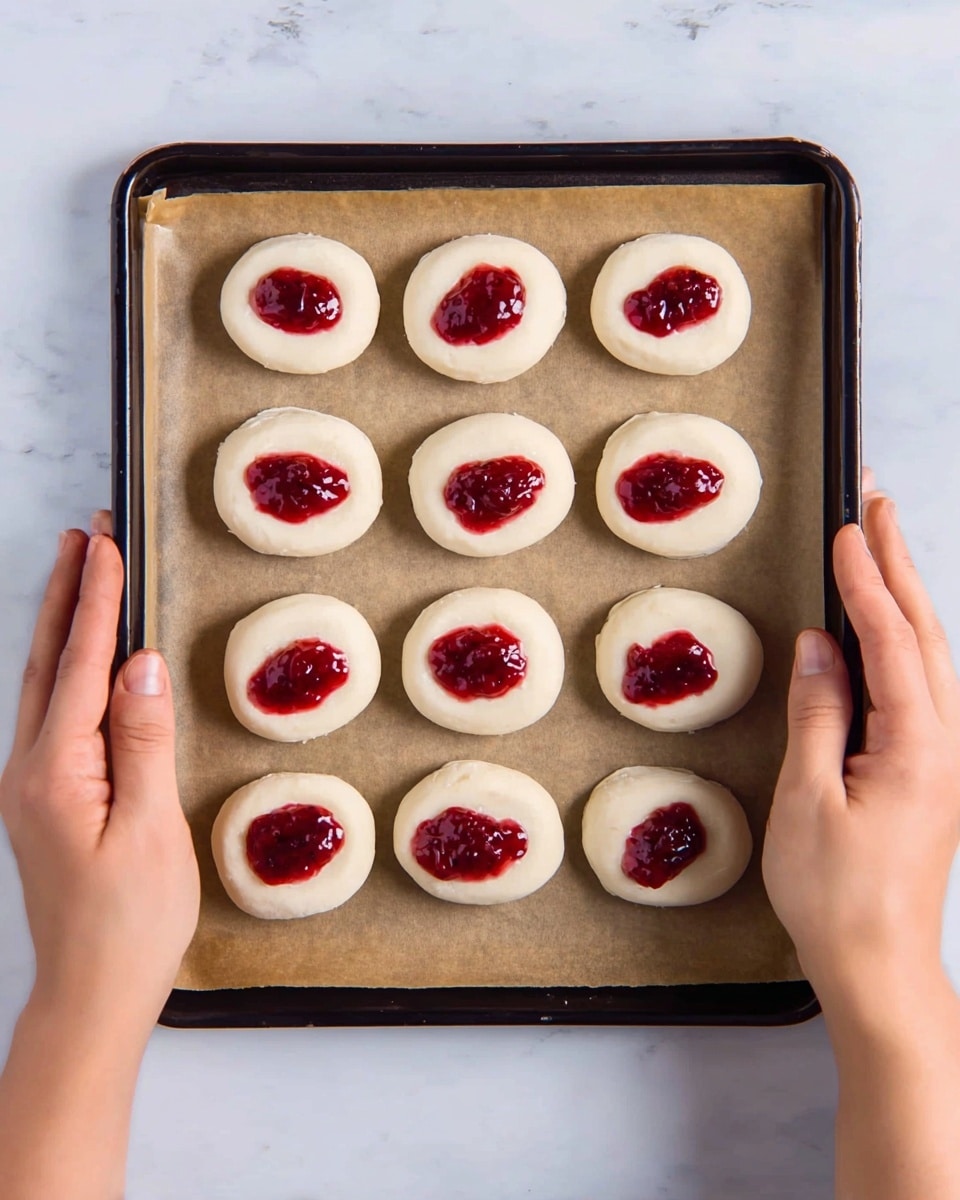 A black baking tray lined with brown parchment paper holds twelve evenly spaced rounds of white dough arranged in three rows and four columns. Each round dough piece is topped with a small, uneven dollop of bright red jam in the center, giving a contrast of colors and textures on smooth dough surfaces. Two woman's hands are positioned on either side of the tray over a white marbled surface beneath. The photo taken with an iphone --ar 4:5 --v 7