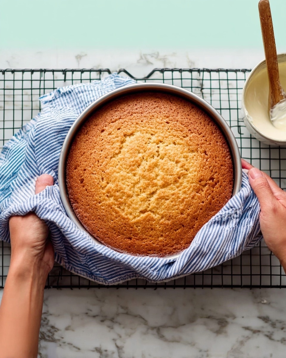 A freshly baked round cake in a springform pan, with a golden-brown cracked top layer showing a slightly rough texture, held on each side by a woman's hand. The pan is wrapped with a blue and white striped cloth, sitting on a black cooling rack over a white marbled surface. A bowl with a wooden spoon and some white mixture is partially visible on the right side. The photo taken with an iphone --ar 4:5 --v 7