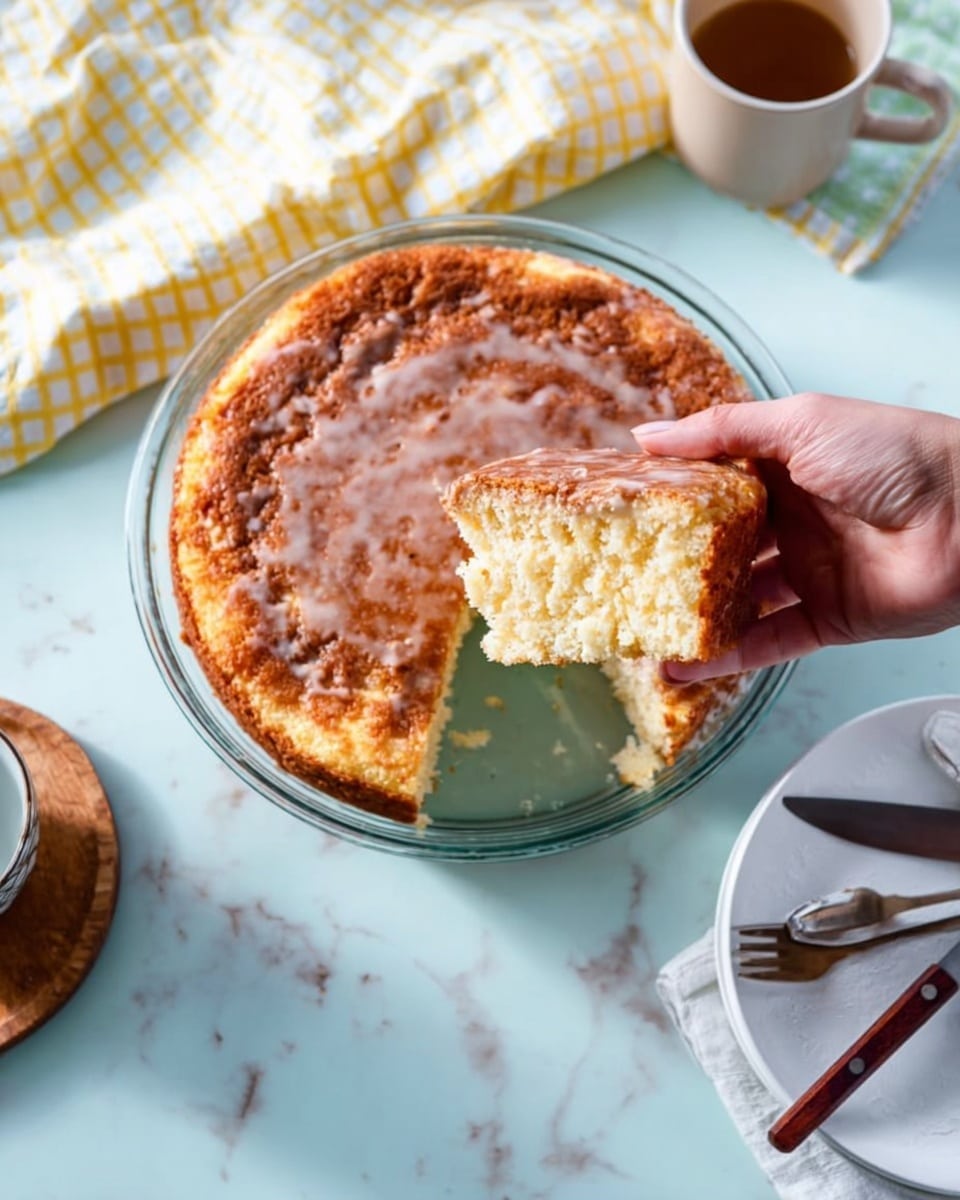 The image shows a close-up of a large round breakfast cake with a golden brown top layer that has a slightly cracked texture and a thin layer of light glaze on it. A woman's hand is holding a thick piece of the cake above the main round cake, revealing a soft, pale yellow inside that looks moist and fluffy. The cake is in a clear glass dish on a white marbled surface. Around the dish, there is a white plate with a fork and a spoons on a folded white cloth, a knife with a dark wooden handle, and a cup sitting on a round wooden coaster. In the background, there is a light yellow and white checkered cloth. Photo taken with an iphone --ar 4:5 --v 7