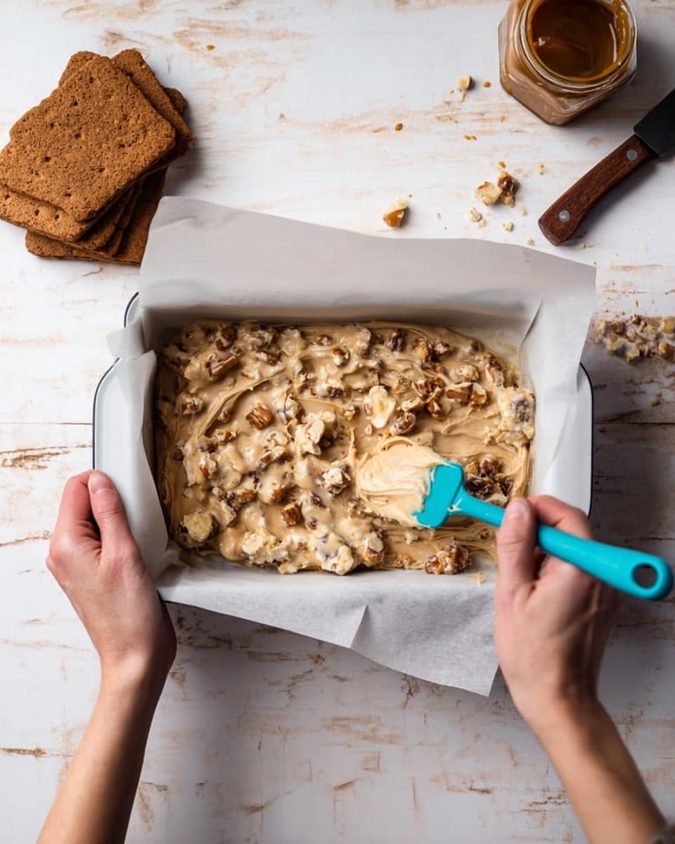 A woman's hand holds a blue spatula spreading a creamy beige mixture with small chunks of nuts and biscuit pieces in a white rectangular baking tray lined with parchment paper. Another woman's hand steadies the tray on a white marbled surface. To the left, there are three brown cinnamon biscuits stacked, and on the right side, there is a jar with some caramel sauce and a spoon inside along with a knife resting nearby on the white marbled background. photo taken with an iphone --ar 4:5 --v 7
