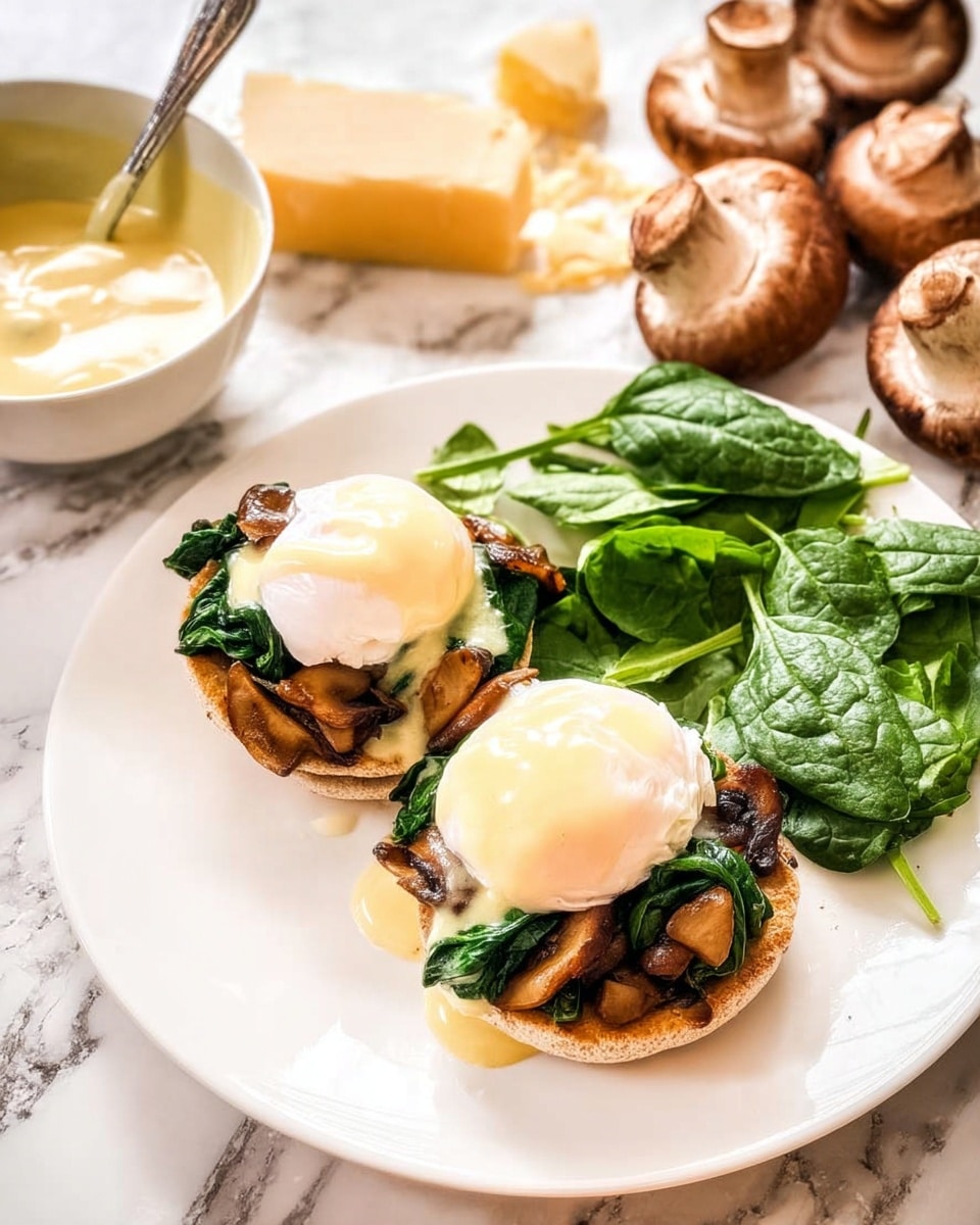 Two small layers of food sit on a large green leaf on a white plate. The bottom layer is light brown bread topped with pink slices of prosciutto. Above the prosciutto is a white poached egg covered with smooth yellow hollandaise sauce that drips slightly down the sides. Dark balsamic glaze is drizzled in small drops over the yellow sauce. Thin green basil strips are scattered on top, adding texture and color. The background is a white marbled texture. Photo taken with an iphone --ar 4:5 --v 7