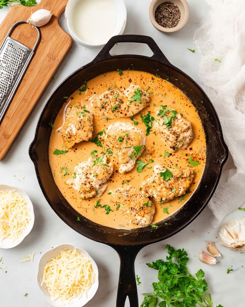 A black cast iron skillet holds six pieces of light golden-browned chicken cooking in a creamy orange sauce that has a smooth texture with black pepper speckles. Fresh green parsley leaves are scattered on top, adding a pop of color. The skillet is placed on a white marbled surface surrounded by small white bowls containing ingredients like shredded cheese, white liquid, and black pepper, along with garlic cloves and fresh parsley leaves nearby. A wooden cutting board and metal grater are also partly visible. Photo taken with an iphone --ar 4:5 --v 7