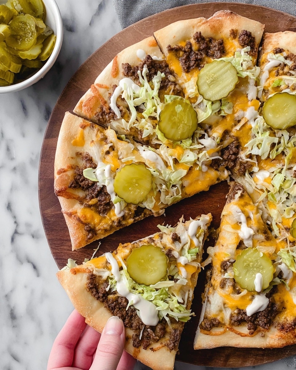 This image shows a pizza with a light golden crust, divided into slices on a wooden board over a white marbled surface. The pizza has a topping of melted yellow cheddar cheese, browned ground beef, thinly shredded pale green lettuce, and round green pickle slices placed on top. There are also spots of pale white creamy dressing scattered over the toppings. A woman's hand is holding one slice of the pizza from the edge. In the bottom left corner, a white bowl filled with pickle slices can be seen. Photo taken with an iphone --ar 4:5 --v 7