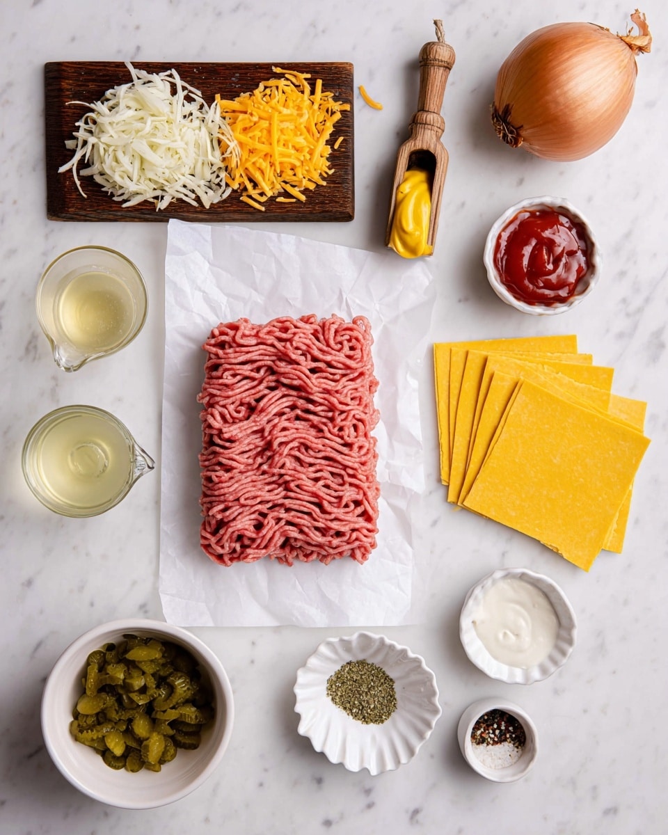 The image shows ingredients neatly arranged on a white marbled surface. At the center is a rectangular portion of raw ground meat on white parchment paper, its texture clear with thin strands. To the right, there are four yellowish square sheets of dough stacked and partly overlapping, with a small white bowl of ketchup above them. Above the meat, a small white bowl holds bright yellow mustard, and next to it is a wooden-handled measuring spoon. On the left upper side, shredded cheddar cheese sits on a dark wooden board, and a whole brown onion is placed just below it. Near the cheese, a glass measuring cup holds a pale yellow oil, while a small metal cup contains a white creamy sauce. Below the meat, a small wooden square bowl has three spices in white, black, and dark red. To its lower left are two white bowls with chopped green pickles, one finely minced and the other in larger pieces. Lastly, a small white shell-shaped dish holds a clear, light yellow liquid. Photo taken with an iphone --ar 4:5 --v 7