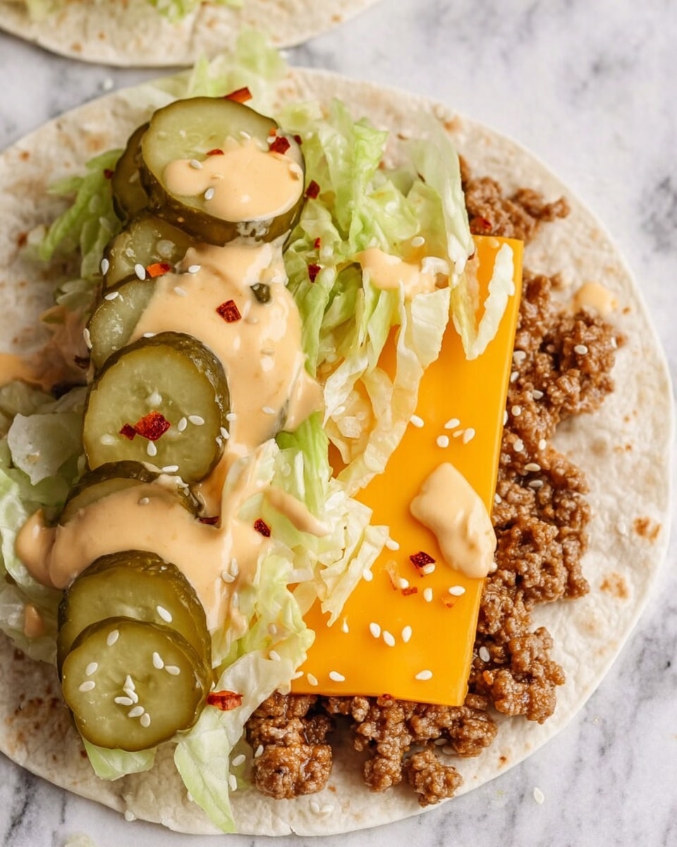 The image shows an open flat tortilla wrap with four visible layers: the bottom layer is ground cooked meat with a crumbly texture in brown shades; above this lies a smooth, bright orange slice of cheddar cheese; next is a thin layer of shredded pale green lettuce, spread unevenly; the top layer consists of several round, green pickle slices placed on the lettuce, all covered by a creamy beige sauce speckled with red bits, and sprinkled with white sesame seeds. The wrap rests on a white marbled surface. Photo taken with an iphone --ar 4:5 --v 7