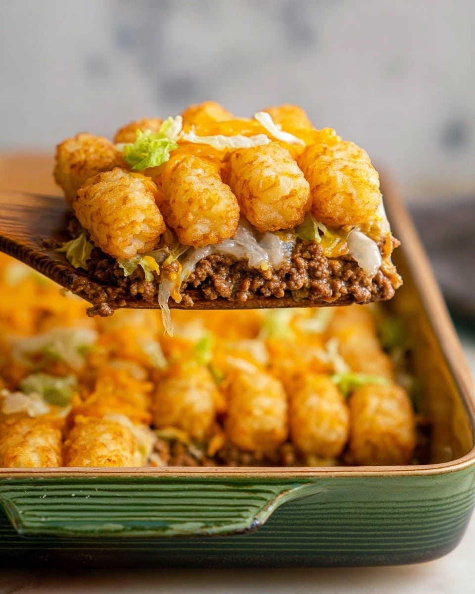 A slice of casserole is held above a green baking dish by a wooden spatula. The slice has three clear layers: a bottom layer of cooked ground meat in brown with some texture, a middle layer with scattered light-colored shredded vegetables, and a top layer of golden yellow tater tots arranged tightly, some with melted cheddar cheese on top. Light green shredded lettuce or cabbage pieces are scattered lightly over the top layer. The background surface is a white marbled texture. The photo was taken with an iphone --ar 4:5 --v 7