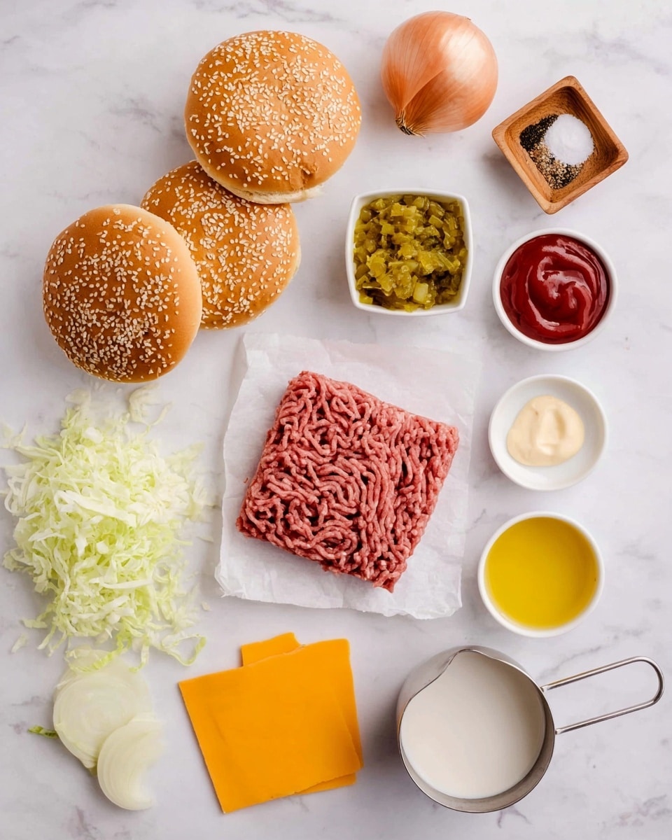 The image shows ingredients arranged neatly on a white marbled surface for making burgers. On the left, there are two sesame seed burger buns lying face up, light brown with sesame seeds. Next to them is a small pile of pale shredded lettuce. Below the lettuce is a whole brown onion. Centered below the onion is a square piece of raw ground beef with a pinkish-red color and a textured, wavy surface. To the right of the beef is a small white bowl with green pickle relish. Above the relish is a small square wooden dish with three types of seasoning: white salt, black pepper, and red paprika. Below the relish and to the right are three slices of bright orange cheddar cheese stacked neat. Below the cheese is a small white bowl of yellowish oil. Above the cheese is a round white bowl with red ketchup and yellow mustard side by side. To the bottom right is a metal measuring cup filled with a white creamy sauce, and next to it are two empty small white bowls with a leaf shape. A woman's hand is holding the edge of the paper under the ground beef. photo taken with an iphone --ar 4:5 --v 7
