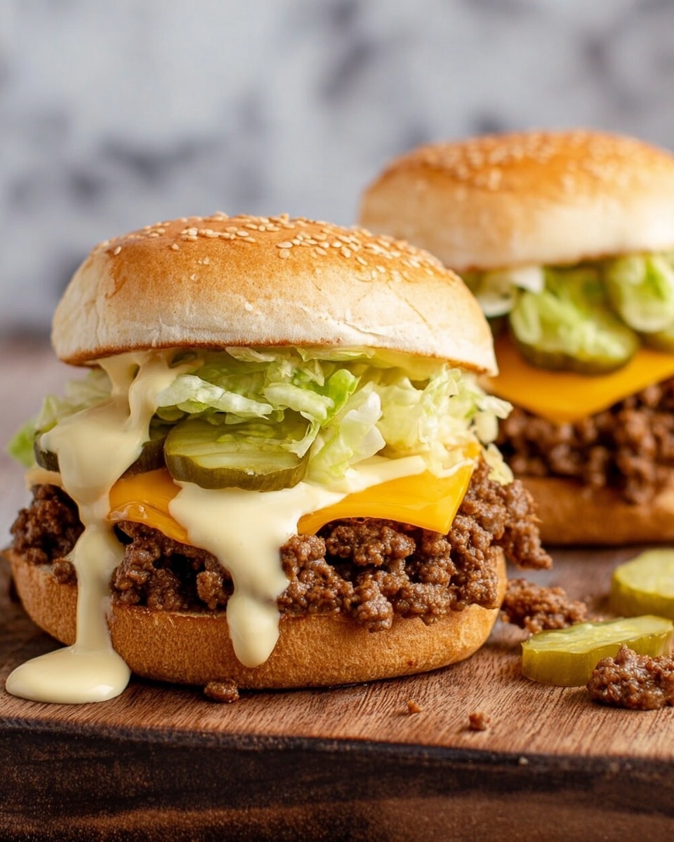 Two sandwiches sit on a wooden board with a white marbled background. Each sandwich has three main layers inside a sesame seed white bun: the bottom layer is browned ground meat with a crumbly texture, the middle layer is a slice of bright orange melted cheese, and the top layer has sliced green pickles and shredded pale green lettuce. Creamy light yellow sauce drips down the side of the front sandwich, adding a smooth texture to the rough meat. Some pieces of meat and pickles have fallen around the sandwiches. Photo taken with an iphone --ar 4:5 --v 7