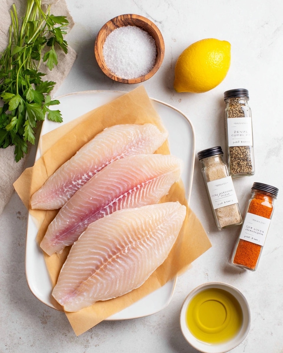 Four raw fish fillets with light pink and white layers lie stacked slightly overlapping on two sheets of light brown parchment paper, placed on a white rectangular plate. Around the plate on a white marbled surface are three small glass spice bottles labeled garlic powder, onion powder, and paprika, with the paprika showing a bright orange color. A whole yellow lemon sits near the top right, while two small wooden bowls filled with coarse white salt and black pepper are positioned at the top left. Fresh green parsley leaves are at the bottom left, and a small glass dish with olive oil is also visible. photo taken with an iphone --ar 4:5 --v 7