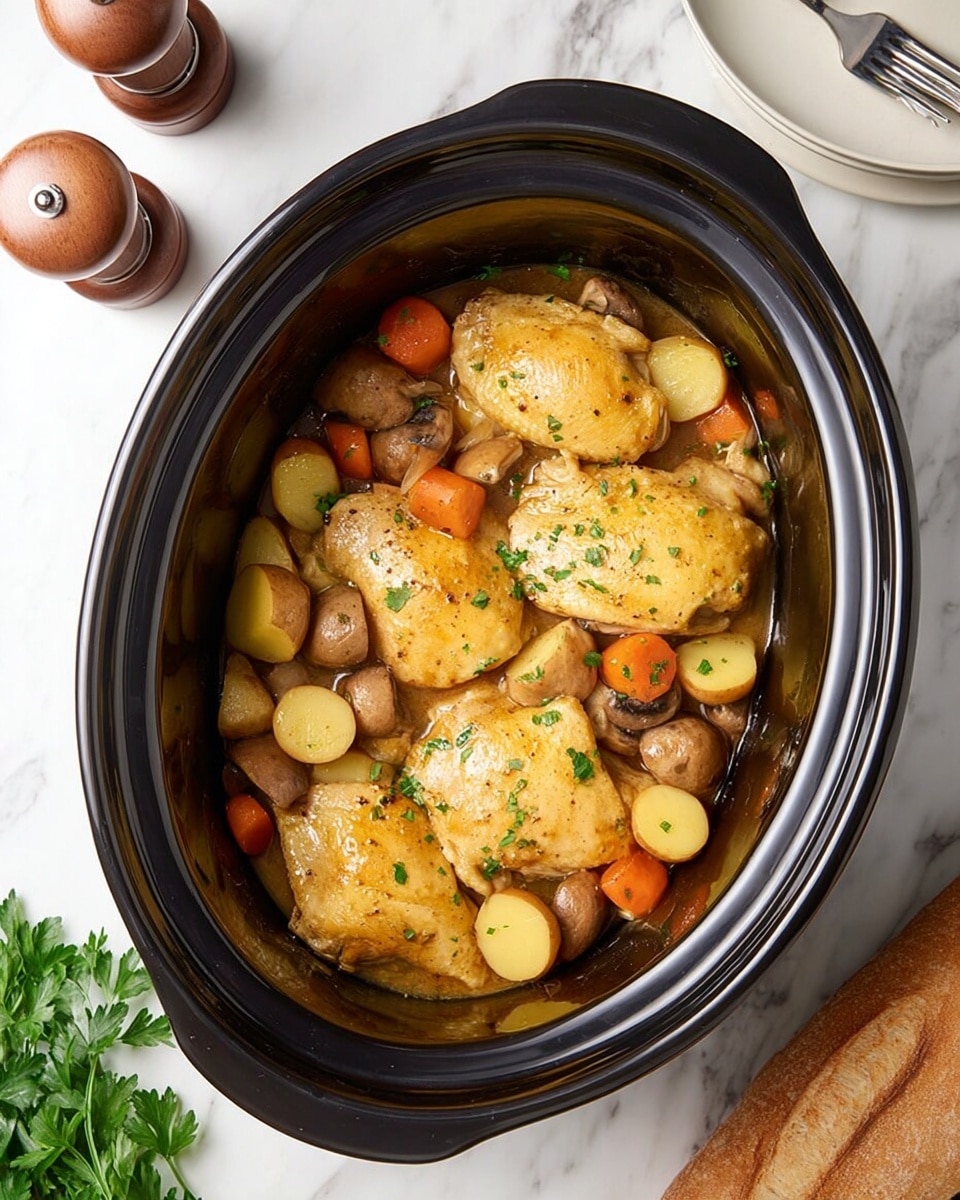 Inside a black slow cooker, four golden yellow cooked chicken pieces sit on top of a mix of brown small potatoes, orange baby carrots, and light brown sliced mushrooms, all covered slightly by a light brown sauce. The chicken is sprinkled with small green herb bits. Around the slow cooker, there is a white marbled surface with two brown wooden pepper and salt grinders, some green parsley leaves on the top left, a white plate holding two silver forks on the bottom right, and part of a long brown bread on the right edge. photo taken with an iphone --ar 4:5 --v 7