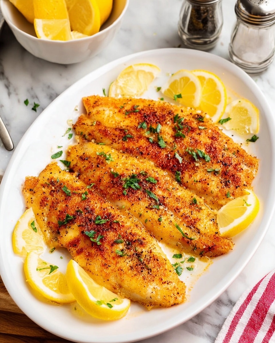 The image shows three pieces of golden-brown, seasoned fish fillets arranged in a row on a white oval plate. The fish has a crispy texture with specks of black pepper and is garnished with small green herb leaves scattered on top. Around the fish are bright yellow lemon wedges placed at different positions on the plate. The plate sits on a white marbled surface with a soft-focus background including a salt and pepper shaker and a half lemon. A white bowl with lemon slices is visible on the left side, and a red-and-white striped cloth is partially seen at the bottom right corner. photo taken with an iphone --ar 4:5 --v 7