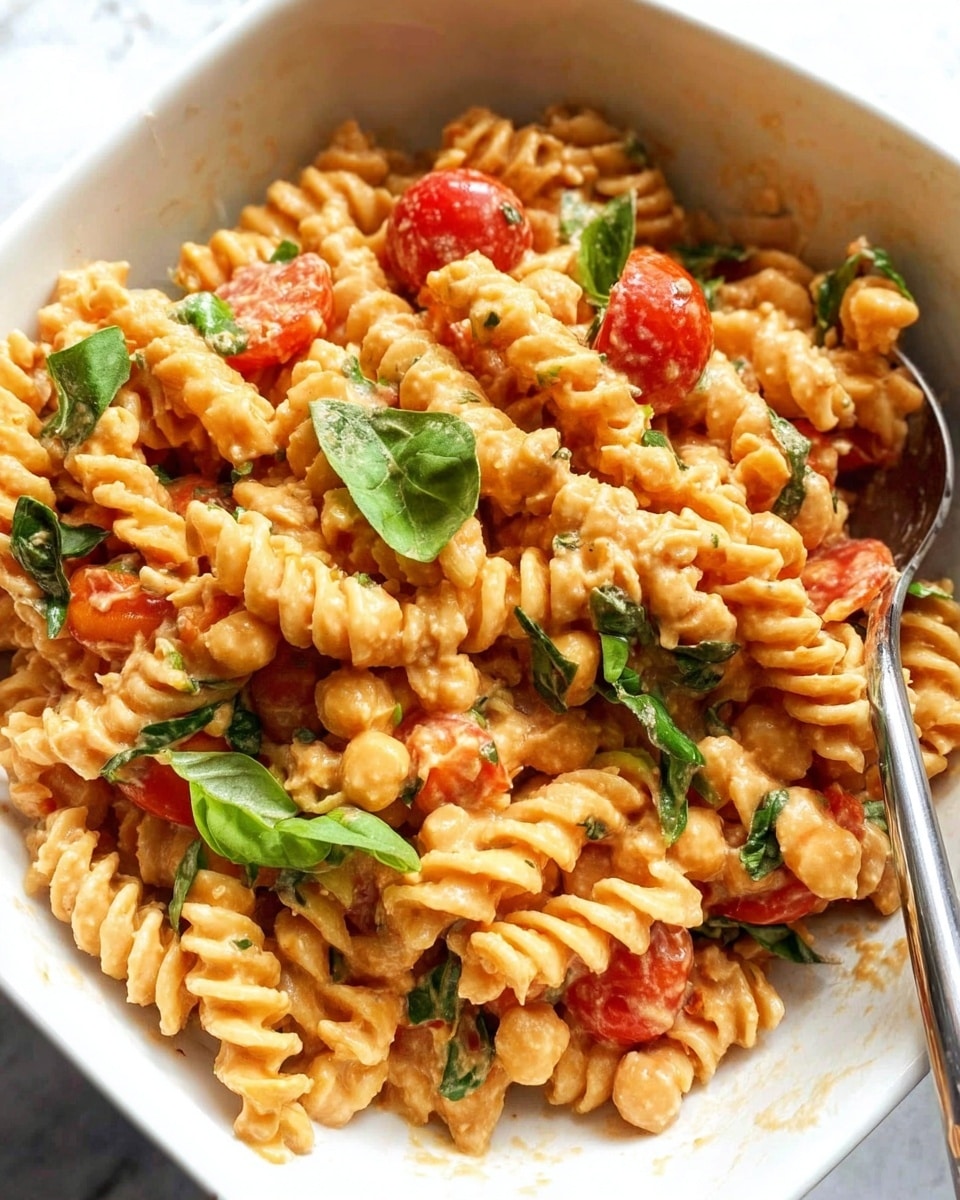 The image shows a white bowl filled with spiral pasta tossed in a creamy light orange sauce, mixed with small round chickpeas and pieces of red cherry tomatoes. Scattered fresh green basil leaves add color contrast on the top and throughout the pasta layers. There is a silver spoon partially inside the bowl on the right side. The background is a white marbled surface. photo taken with an iphone --ar 4:5 --v 7