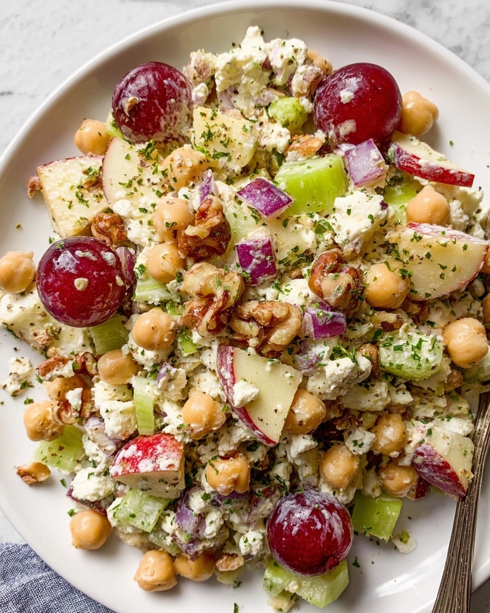 This image shows a salad on a white plate with several layers of ingredients mixed together. The salad has creamy white cottage cheese spread evenly throughout the dish. There are small round beige chickpeas throughout the salad, along with slices of red apple with the skin on, and halved red grapes. Tiny green celery pieces add a fresh touch along with small bits of red onion. There are also some chopped walnuts scattered, giving a crunchy texture. The salad is sprinkled with chopped green herbs and black pepper, making the colors pop. The plate is set on a white marbled surface. Photo taken with an iphone --ar 4:5 --v 7