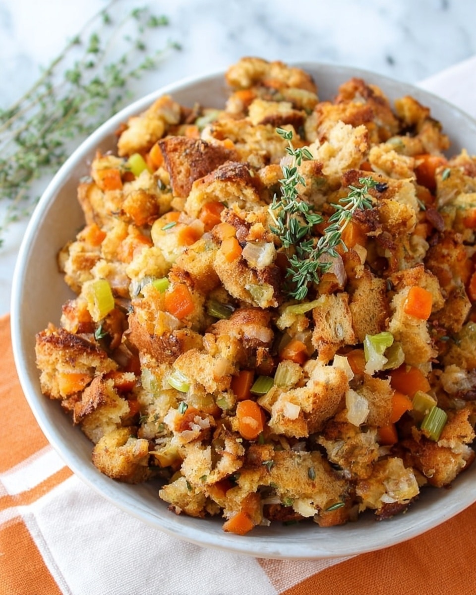 A white bowl filled with a chunky mix of stuffing that has around three layers of small, rough pieces of bread mixed with diced orange carrots and small green celery bits scattered throughout, topped with fresh small green thyme sprigs placed near the center. The bread pieces have a golden-brown color with some darker toasted spots, and the vegetables add pops of soft color. The bowl sits on a white marbled surface, with a soft focus striped cloth and herbs blurred in the background, the overall look is warm and inviting. Photo taken with an iphone --ar 4:5 --v 7