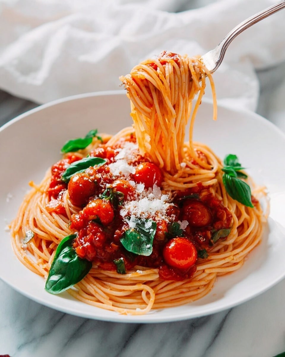 A white plate holds a serving of thin spaghetti noodles, lightly coated with red tomato sauce mixed with small cherry tomatoes and fresh green basil leaves. On top, there is a sprinkle of grated white cheese. A silver fork lifts a twirl of the spaghetti above the plate, showing the soft texture and sauce clinging to the noodles. The plate sits on a white marbled surface with a blurred white cloth in the background. Photo taken with an iphone --ar 4:5 --v 7