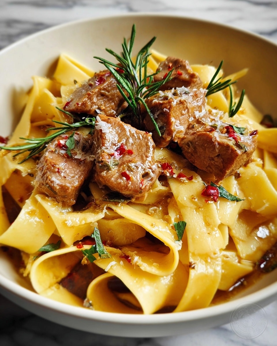 The image shows a white bowl filled with wide, flat yellow pasta ribbons at the base, smooth and slightly shiny. On top are several chunks of cooked brown meat with a tender texture, sprinkled with coarse grated cheese and small red pepper flakes. Fresh green rosemary sprigs and small herb leaves are scattered over the dish, adding color and texture. The pasta and meat look moist with a light sauce or broth pooling at the bottom. The scene is set on a white marbled surface. Photo taken with an iphone --ar 4:5 --v 7