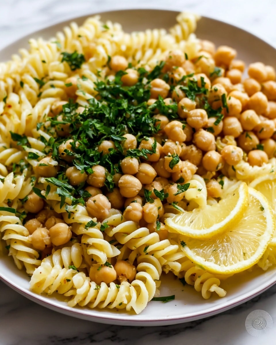 A close-up of a white plate filled with three layers: the bottom layer is light yellow spiral pasta, the middle layer has golden chickpeas scattered evenly, and the top layer is green chopped parsley sprinkled over the pasta and chickpeas. On the side of the plate are two lemon wedges, adding a bright yellow contrast. The plate rests on a white marbled texture. Photo taken with an iphone --ar 4:5 --v 7