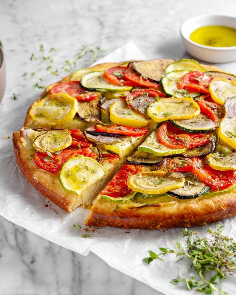 A round pizza with a thick, golden-brown crust sits on a white marbled surface, layered with thin slices of red tomatoes, yellow squash, green zucchini, and light purple eggplant arranged in overlapping rows covering the entire top. The pizza is cut into slices, showing a soft, airy inside of the crust. In the background, there is a white bowl with yellow oil and green herbs, with some fresh green herbs scattered on the right side near the pizza. The pizza rests on white parchment paper on the white marbled surface. photo taken with an iphone --ar 4:5 --v 7