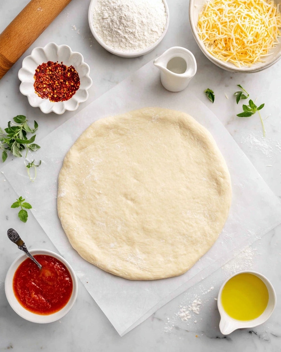 A round, smooth pizza dough is spread out on a parchment paper over a white marbled surface. Around the dough, there are small white bowls and containers holding different ingredients: red crushed chili flakes with a silver spoon, bright red tomato sauce, shredded cheese with a block of cheese on top, white flour, and yellow olive oil in a scalloped bowl. Small green herb leaves are scattered for decoration. A wooden rolling pin and a white measuring cup are placed near the top. The setup looks clean and bright, ready for pizza making. photo taken with an iphone --ar 4:5 --v 7
