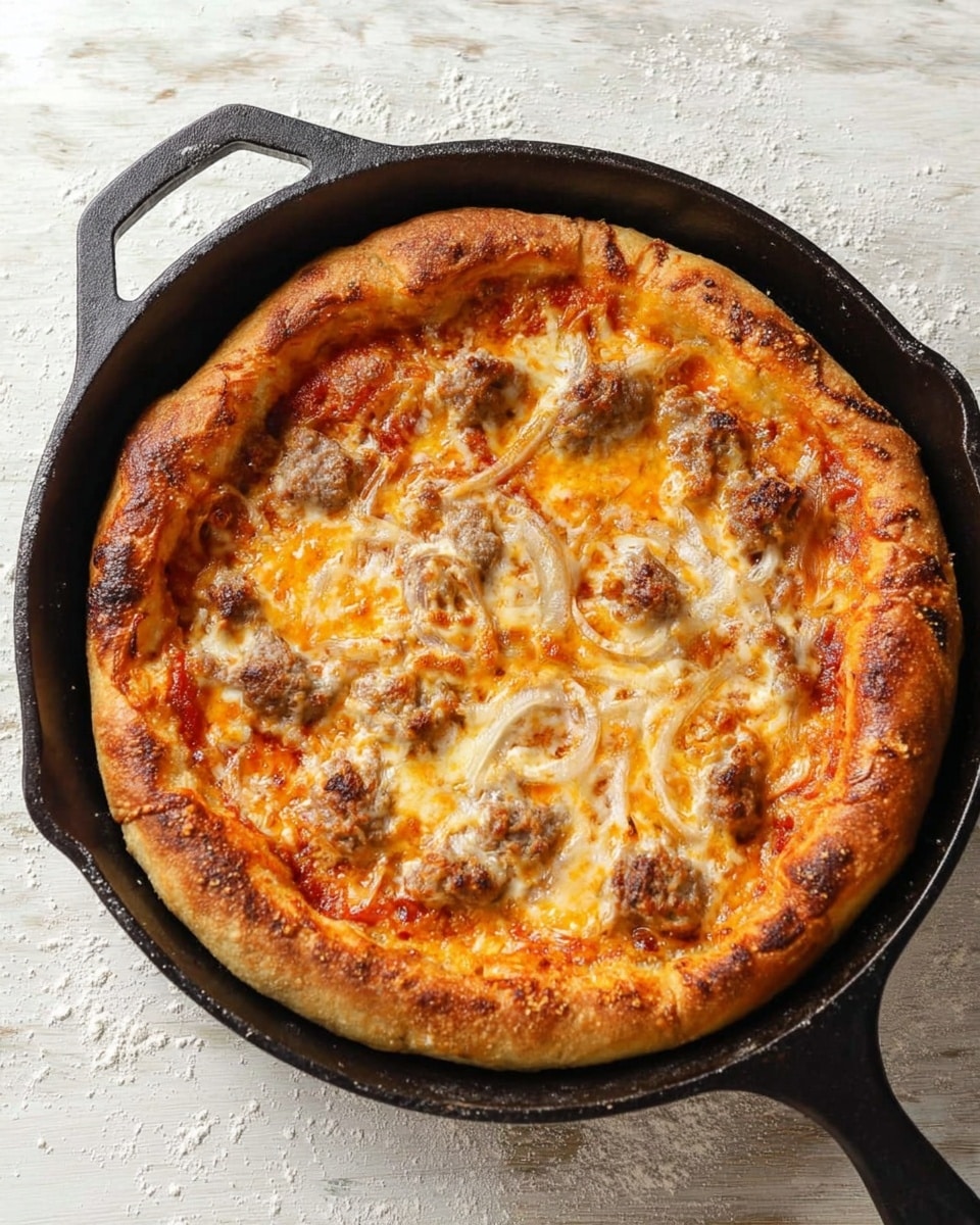 A freshly baked deep-dish pizza is shown inside a black cast iron skillet on a wooden cutting board. The pizza has a thick, golden-brown crust forming the outer edge. There are three main visible layers: a base layer of red tomato sauce, a middle layer of melted creamy cheese that is slightly browned on top, and a top layer covered with evenly spaced round slices of red pepperoni and light brown sausage pieces. The skillet is placed on a white cloth with beige and gray stripes, and a silver pizza cutter with a red handle lies beside it. The background is a white marbled surface. Photo taken with an iphone --ar 4:5 --v 7