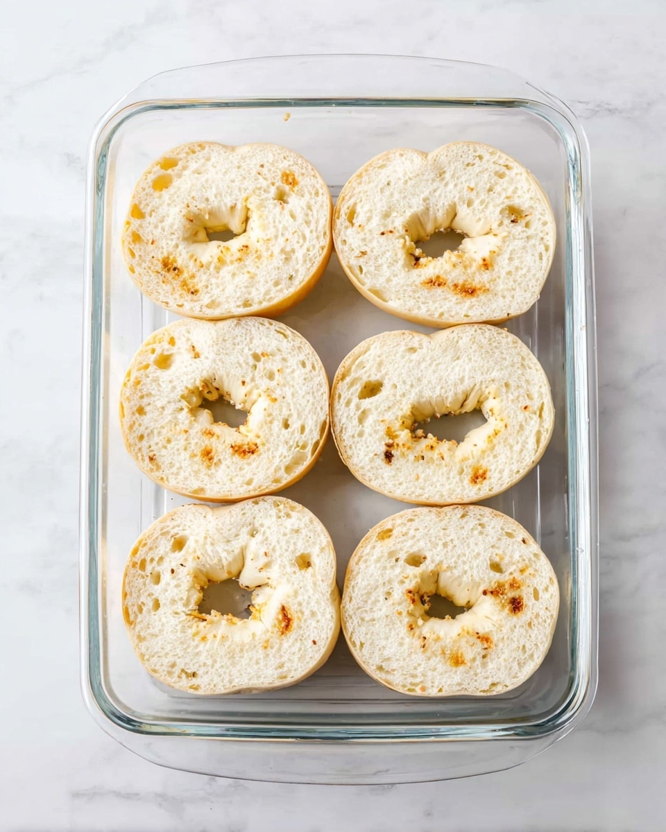 The image shows a clear glass baking dish placed on a white marbled surface, holding eight bagel halves arranged in two neat rows of four. Each bagel half is sliced horizontally, revealing a soft, slightly uneven texture with small air pockets and a few light brown toasted spots. The bagels have a light cream color with some darker toasted specks scattered across the surface. The holes in the center of each bagel half are clearly visible, adding a round shape contrast to the otherwise flat tops. Photo taken with an iphone --ar 4:5 --v 7