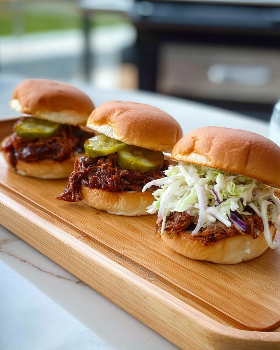 Three small sandwiches are placed side by side on a light wooden tray. Each sandwich has a soft, light brown bun with a smooth top. The first sandwich has a layer of dark reddish shredded meat mixed with sauce, topped with several sliced green pickles and some thin light-colored onions. The middle sandwich features the same shredded meat with sauce underneath a heap of finely shredded white and light green cabbage. The third sandwich shows layers of dark reddish meat with sauce, topped with green pickles and thin slices of white onion. The tray sits on a white marbled surface with a soft outdoor background. Photo taken with an iphone --ar 4:5 --v 7
