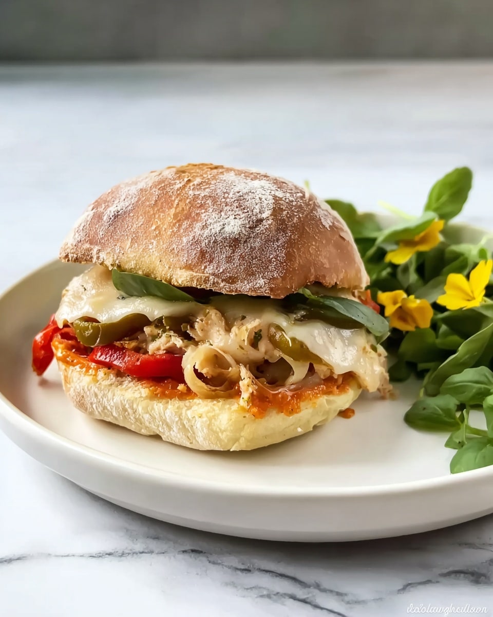 A small sandwich sits on a white plate with a white marbled surface underneath. The sandwich has three layers inside a soft, light brown bun dusted with flour. The bottom layer has a reddish-orange sauce spread on the bun. Above it, there is a layer of light beige cooked meat mixed with some pieces of red and green grilled vegetables. The top layer is creamy, light in color, and slightly melted. At the back right side of the plate, fresh green leaves and small yellow flower petals are placed as decoration. Photo taken with an iphone --ar 4:5 --v 7