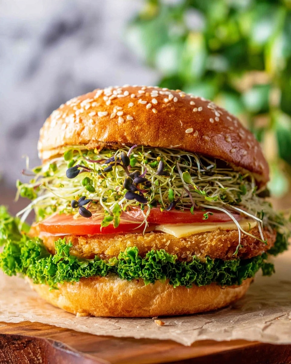 The image shows a close-up of a sandwich with five layers inside a sesame seed bun. The bottom layer is green curly lettuce, followed by a bright red tomato slice, then a golden-brown crispy fried patty. On top of the patty, there is a thick layer of fresh green sprouts with some dark tips. The sandwich is placed on a piece of paper over a wooden surface, with a blurred green plant in the background and a white marbled texture beneath. The bun looks soft and slightly toasted, with sesame seeds visible on the top half. Photo taken with an iphone --ar 4:5 --v 7