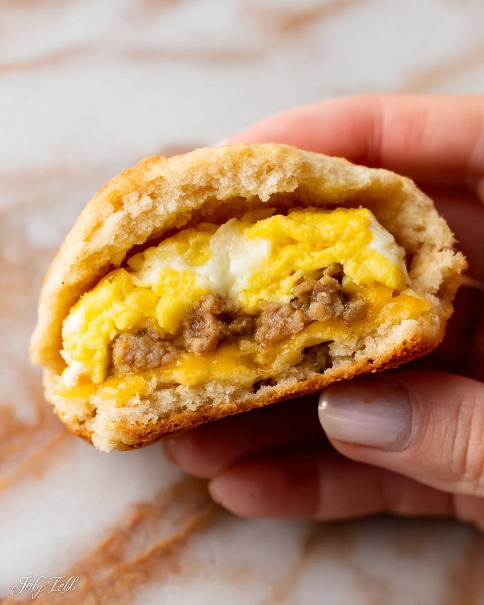 A woman's hand is holding a small biscuit open to show the inside layers. The biscuit has a golden brown crust with a soft, crumbly texture. Inside, there are three main layers: melted yellow cheese at the bottom, chopped light brown meat pieces in the middle, and fluffy scrambled eggs on top with white and yellow colors. The background is a white marbled surface. photo taken with an iphone --ar 4:5 --v 7