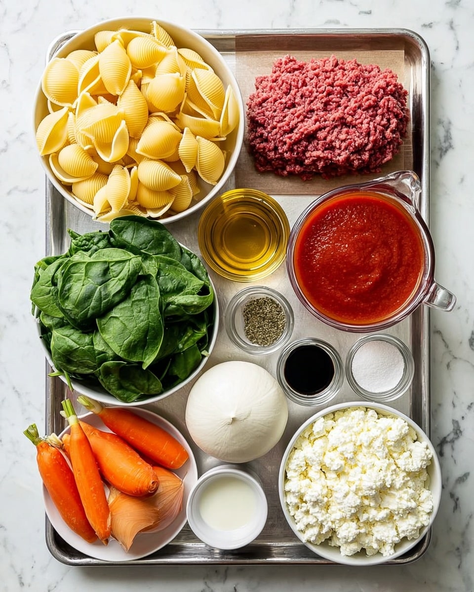 A large silver tray holds all ingredients arranged neatly on a white marbled surface: in the top left, a white bowl filled with large yellow pasta shells; next to it on the right, a yellow onion and a block of raw red ground meat; below, a glass measuring cup with smooth red tomato sauce, a small glass with light brown broth, and a tiny glass of golden oil; to the right, a white bowl filled with fresh green spinach and two orange carrots resting on top; in the bottom right corner, a white bowl filled with crumbly white ricotta cheese topped with two light purple garlic cloves; next to it on the left, a round ball of fresh white mozzarella and a wedge of pale yellow cheese; small glass bowls with dried green herbs, white salt, and black pepper sit along the bottom left edge; a tiny white dish with thick white cream and a small black dish with dark balsamic vinegar are placed near the middle. photo taken with an iphone --ar 4:5 --v 7
