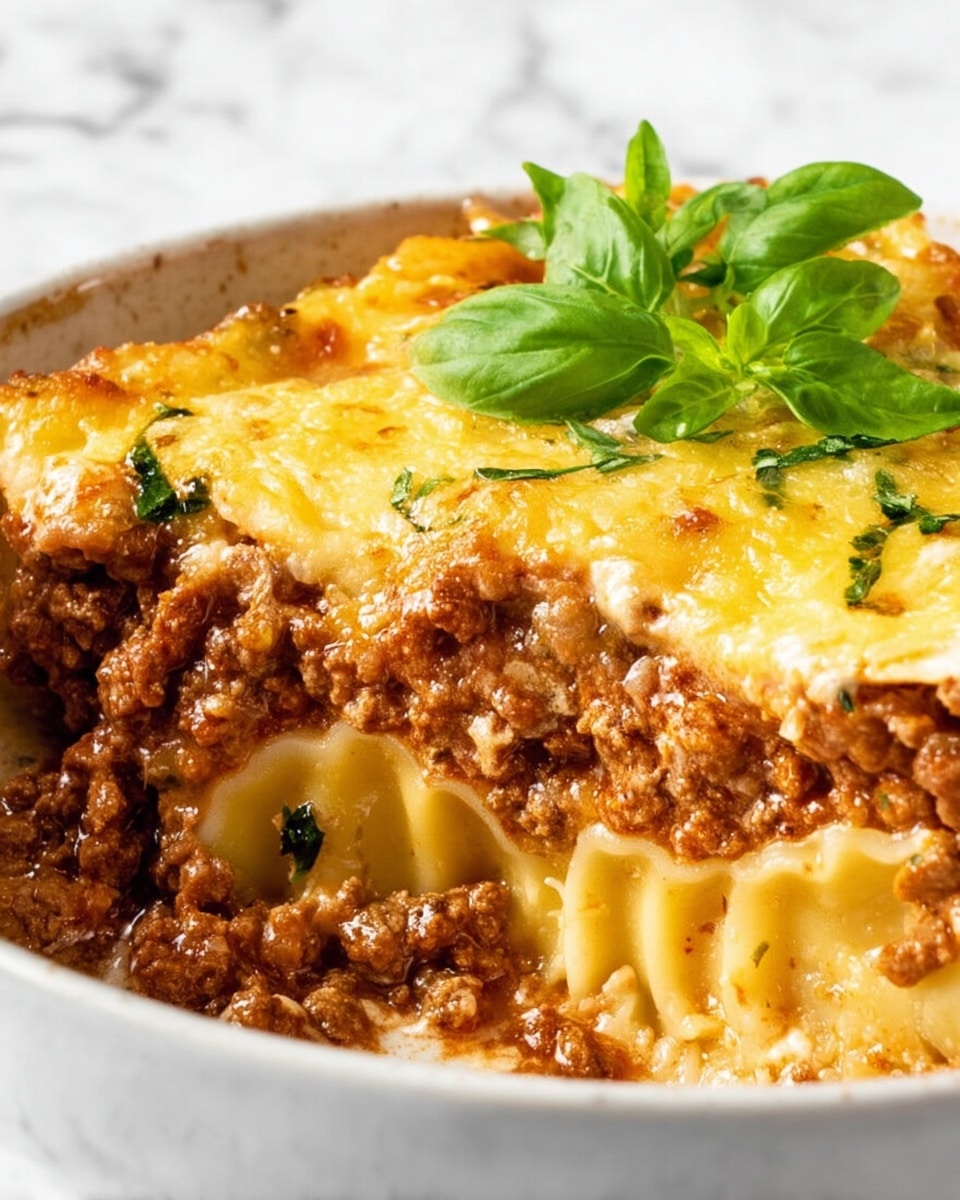 The dish shows several layers including a top layer of melted golden-yellow cheese with a smooth, slightly browned texture. Underneath this layer is a thick, chunky brown sauce mixed with bits of ground meat and herbs, adding a rough texture and rich color contrast. At the bottom and sides, there are large pale yellow pasta shells filled with a creamy mixture that has small green herb flecks. The dish is garnished with fresh green basil leaves on one side, all served in a white bowl set on a white marbled surface. photo taken with an iphone --ar 4:5 --v 7