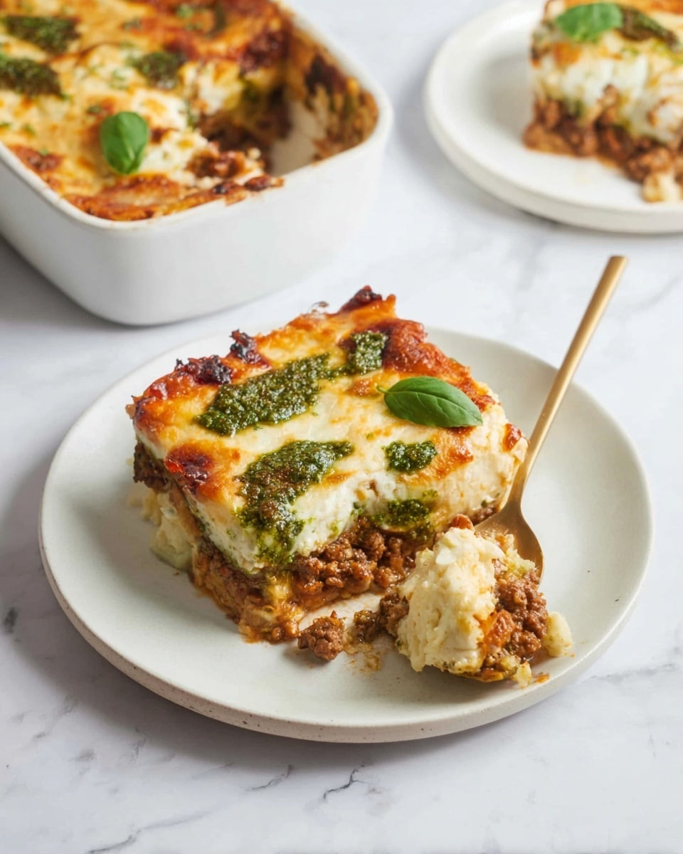 The image shows a white plate with a square slice of layered casserole topped with a golden brown, slightly crisp cheese layer with green pesto dollops and fresh basil leaves scattered on top. The casserole has three visible layers: the top layer is melted cheese with browned spots and green pesto, the middle layer appears to be a crumbled ground meat mixture with a brown color, and the bottom layer is a creamy, textured mashed potato or cauliflower base in white. A gold spoon on the plate scoops a portion revealing all layers mixed together slightly. In the background, there is another white plate with a smaller slice and a white dish partially filled with more of the casserole on a white marbled surface. photo taken with an iphone --ar 4:5 --v 7