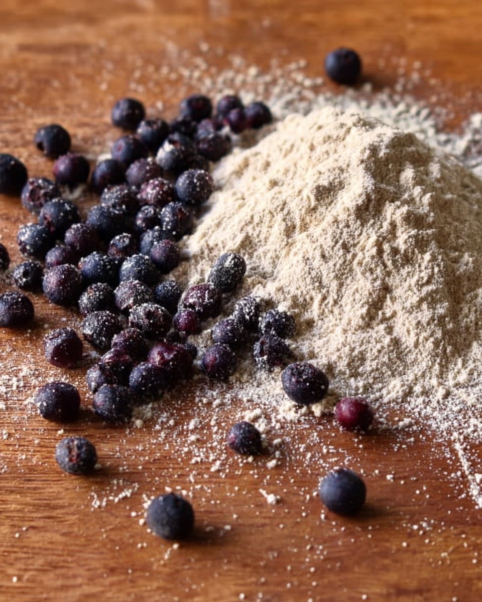 A close-up image shows a pile of small, round, dark purple berries next to a heap of light beige powder spread on a wooden surface. Some berries are scattered around the main pile, and a few are mixed lightly with the powder. The texture of the powder looks fine and dry. The warm, natural tone of the wooden surface contrasts with the dark berries and pale powder. Photo taken with an iphone --ar 4:5 --v 7
