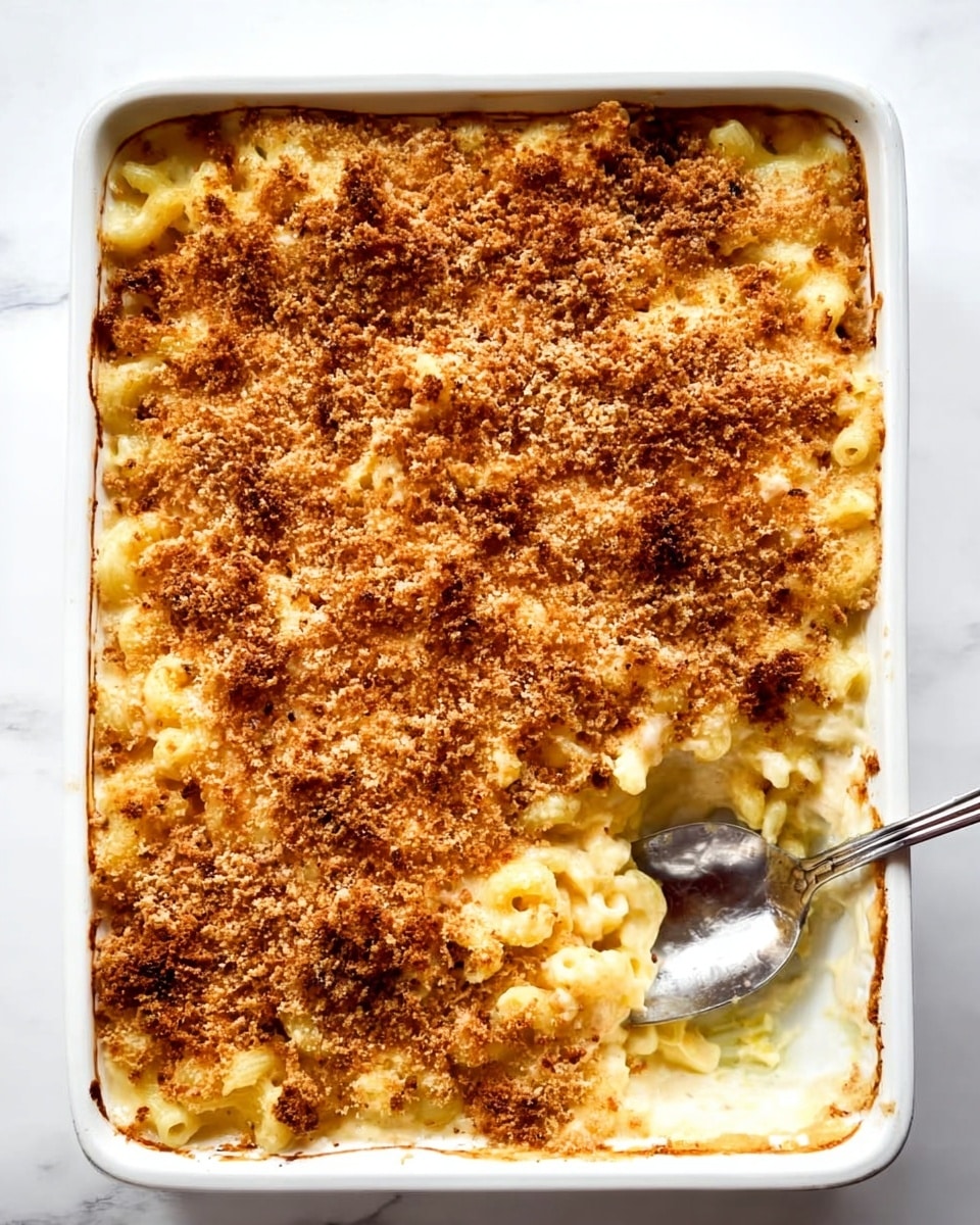A white rectangular baking dish holds a creamy macaroni and cheese casserole. The top layer is golden brown and crispy with fine toasted breadcrumbs covering the whole surface evenly. Underneath, the pasta is soft and creamy, coated in a rich cheese sauce that peeks through where a portion has been scooped out with a shiny metal spoon resting on the right side of the dish. The edges of the macaroni are slightly browned, showing a baked texture, and the entire dish sits on a white marbled surface. Photo taken with an iphone --ar 4:5 --v 7