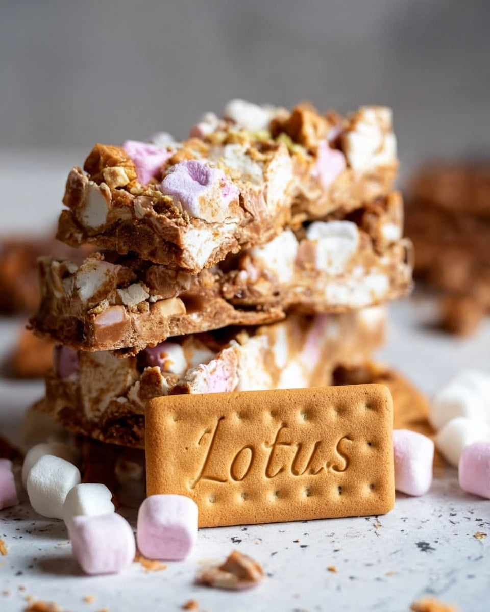 The image shows a rectangular tray of 15 square dessert bars sitting on white parchment paper on a white marbled surface. The bars have a light brown, rough, and chunky top layer filled with colorful candy-coated pieces and nuts, giving a textured look. Around the bars, there are scattered small candy pieces in pastel colors like pink, purple, yellow, and orange. Near the dessert tray are three brown rectangular Lotus biscuits and a small white bowl with a few candies nearby. A woman's hand is holding a striped blue cloth near the bottom left corner. Photo taken with an iphone --ar 4:5 --v 7