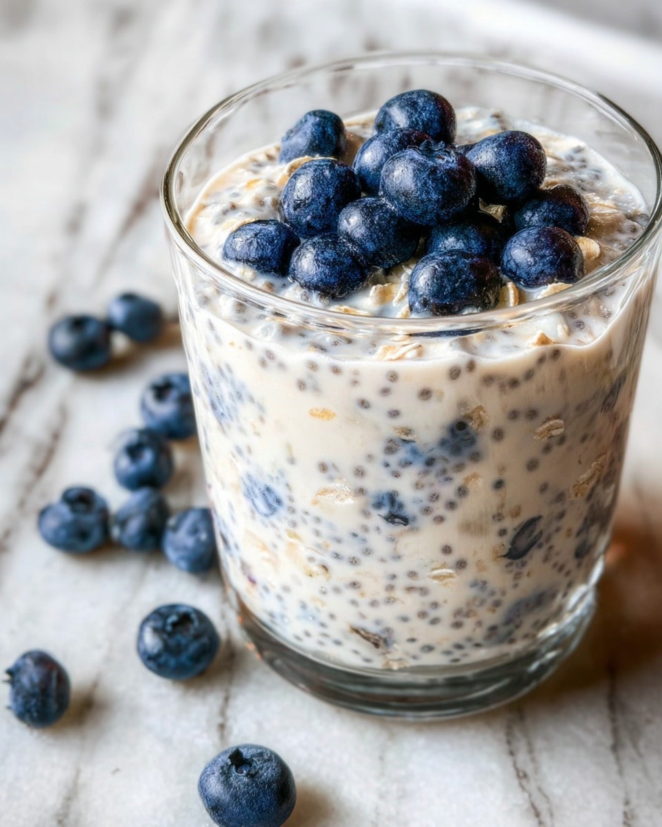 A clear glass filled with a creamy mixture that has small black seeds and tiny pieces of oats throughout, creating a speckled texture. Inside the glass, there are several whole blueberries mixed in the creamy base, and on top, a small pile of plump, fresh blueberries sits as a bright blue garnish. The glass is placed on a white marbled surface with a few scattered blueberries around it. The whole scene looks fresh and light. photo taken with an iphone --ar 4:5 --v 7