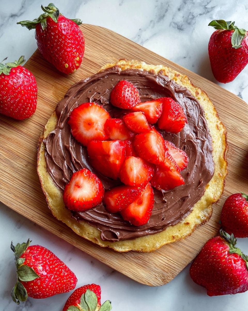 The image shows a white plate on a white marbled surface with several thin crepes folded in half twice, each crepe filled with bright red strawberries and a thick layer of smooth chocolate spread. The crepes have a light golden-brown color with slightly crisp edges and darker spots from cooking. Whole strawberries and some sliced strawberries are arranged around the crepes on the plate. Chocolate drizzle is visible on top of the crepes, with a light dusting of powdered sugar over the whole dish. Photo taken with an iphone --ar 4:5 --v 7