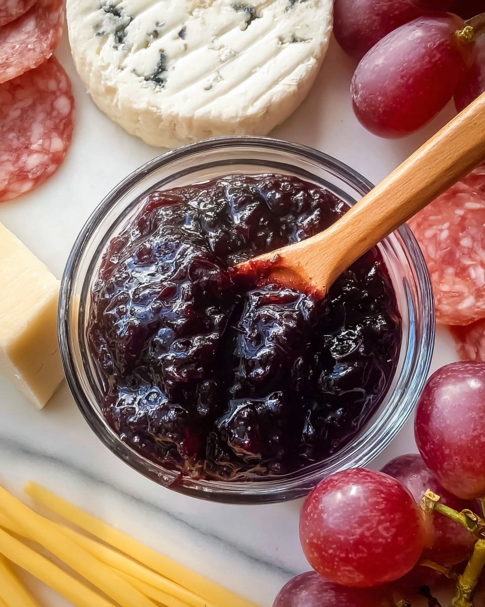 A small clear glass bowl filled with thick, dark purple jam showing shiny, chunky texture is at the center. A light brown wooden spoon rests inside the bowl, slightly covered with jam. Around the bowl are several food items on a white marbled surface: a round soft white cheese with a textured surface and an off-white semi-hard cheese with specks, slices of pink cured meat, round red grapes, and slices of thinly sliced salami with white fat pieces. At the bottom edge, there are thin yellow sticks of cheese. photo taken with an iphone --ar 4:5 --v 7