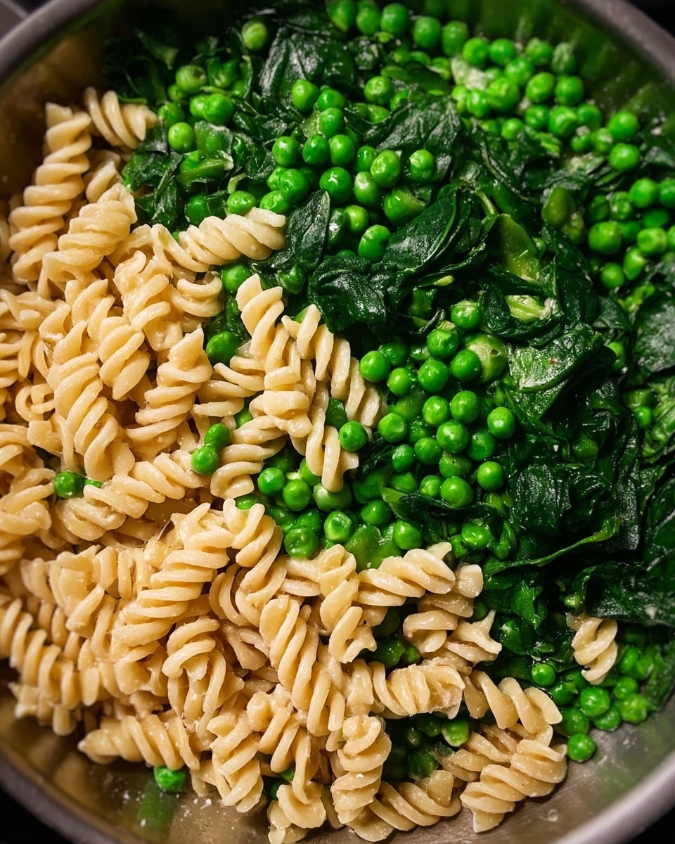 The image shows a pan filled with three layers mixed together. The first layer is light beige spiral pasta, arranged mostly around the edges and scattered inside. The second layer has bright green peas spread evenly over and between the pasta. The third layer consists of dark green leafy spinach, also scattered inside the pan mixed with the peas and pasta. The background is not seen clearly but the focus is on the mixed ingredients in the pan. photo taken with an iphone --ar 4:5 --v 7