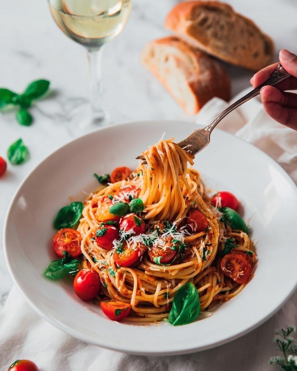A white round plate filled with a nest of spaghetti pasta, topped with bright red cherry tomatoes and small green basil leaves mixed throughout. The spaghetti has a light coating of red tomato sauce, with grated white cheese sprinkled on top. Some tomatoes and basil leaves rest around the pasta on the plate’s edge. A fork is twirling some spaghetti from the right side of the plate, held by a woman's hand. In the background, two pieces of brown bread are stacked, resting on a white marbled surface with a few more basil leaves scattered nearby. A glass of pale white wine is placed to the upper left side of the plate. The setting has soft natural lighting, enhancing the fresh and vibrant colors of the dish. Photo taken with an iphone --ar 4:5 --v 7