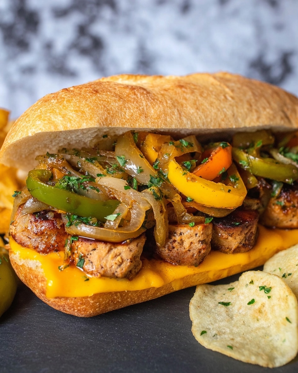 The image shows two sandwiches on toasted white hoagie buns, each filled with a mix of cooked sausage pieces, orange chunks of chicken, and vibrant strips of green and yellow bell peppers, along with cooked onions and small mushrooms, all topped with chopped green herbs. In the middle of the plate, there are thick, curly potato chips with a golden brown color. On one side of the white plate, there are several small bright yellow peppers and some fresh green cilantro leaves. The background is a white marbled surface, and the sandwiches look juicy and colorful, with a slightly shiny texture on the vegetables and meats, photo taken with an iphone --ar 4:5 --v 7